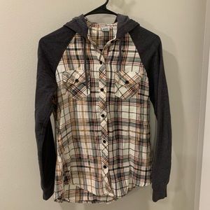 Flannel button down hooded shirt